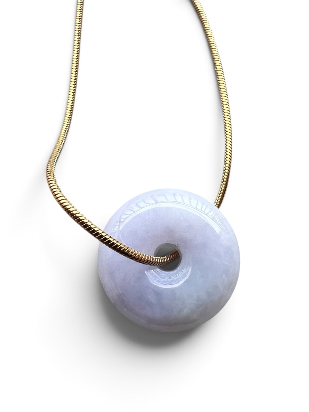 Grade A Lavender Jadeite Jade Donut Pendant Necklace with Gold Chain